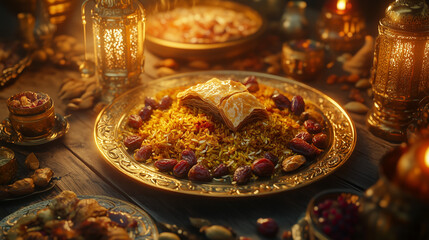 Fototapeta premium Traditional Arabic Rice Dish with Dates and Nuts in Festive Ambiance