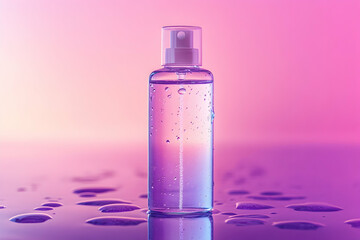 Elegant perfume spray bottle with water droplets on a vibrant pink and purple background, symbolizing freshness, beauty, and luxury.