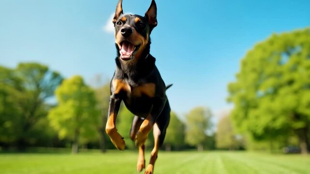 Joyful Doberman pinscher leaping in lush green park