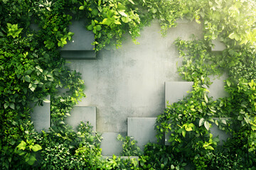 Modern green wall with lush foliage and geometric concrete elements, symbolizing eco-friendly architecture and sustainability.