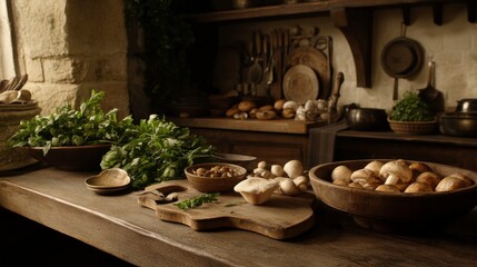 Fototapeta premium Rustic Kitchen Scene with Fresh Herbs and Varieties of Mushrooms