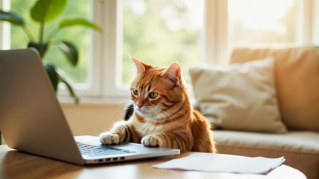 Playful cat raising paw at laptop in sunny living room