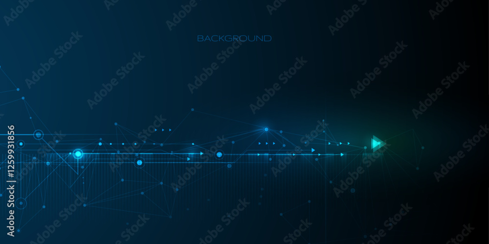 Poster Vector molecule. Abstract internet network connection design for web site. Digital data, network communication, connected line with dot on blue background. Science and technology futuristic concept