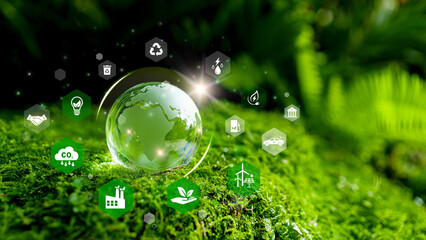 Green Business Sustainble Innovation concept. The image promotes environmental sustainability through eco-friendly practices, symbolizing a green and interconnected planet. ESG. CSR. Co2. Net zero.