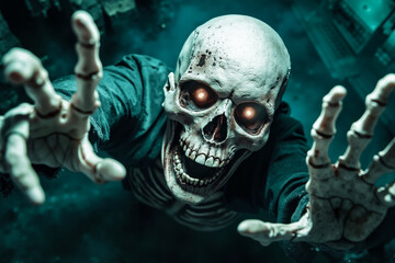 A creepy skeleton with red eyes and hands reaching out of a cave