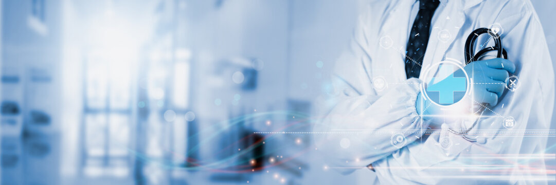 Doctor Using System Analysis treatment Healthcare Patient, Data Network via Cloud, Digital Healthcare with artificial intelligence Or AI, Future Medical Technology and Patient Care Innovation concept