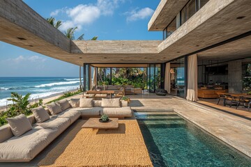Obraz premium Modern beachside villa design with high fidelity and soft linen drapes coastal paradise architectural showcase serene environment