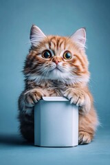 Adorable Ginger Cat with Blank Box, Studio Shot