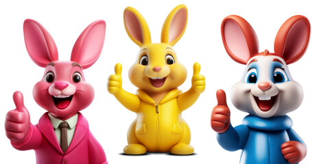 Fototapeta premium Close-up of a happy and smiling rabbit cartoon character showing thumbs up, looking at camera. Isolated on transparent or white background, png. Collection and variation. Generative Ai.