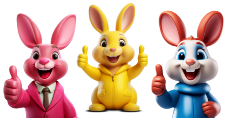 Close-up of a happy and smiling rabbit cartoon character showing thumbs up, looking at camera. Isolated on transparent or white background, png. Collection and variation. Generative Ai.