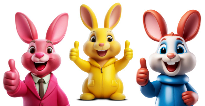 Close-up of a happy and smiling rabbit cartoon character showing thumbs up, looking at camera. Isolated on transparent or white background, png. Collection and variation. Generative Ai.