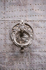 Vintage door knocker on old metal door