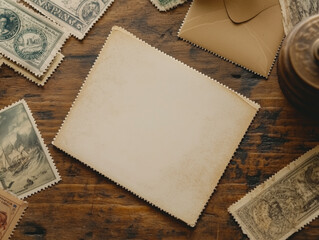 Artful display of a blank postcard featuring charm and vintage style elements.