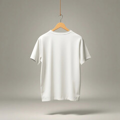 3D render of a cotton T-shirt on a wooden hanger, gentle soft light, warm autumn colors, blank front and back, neutral gray background.