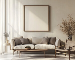 Chic wooden frame mockup in a studio environment with a blank canvas.