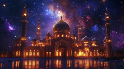 Glowing Mosque Under a Starry Cosmic Sky – Majestic Islamic Night Scen
