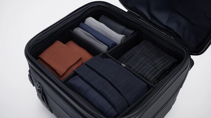 Neatly packed suitcase showcasing organized clothing for travel, emphasizing efficient packing techniques