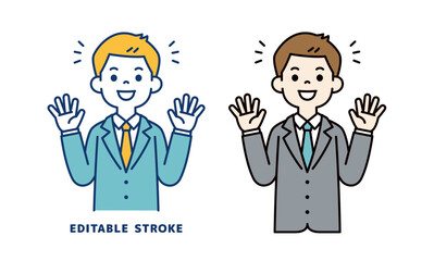 両手を広げて喜ぶ、若いビジネスマンのベクターイラスト素材＿線幅の編集可能