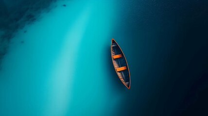 Serene Blue Waterscape Lone Rowboat from Above - Minimalist Aerial View of a Wooden Canoe on a Calm Turquoise Lake, Peaceful Nature