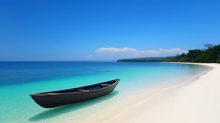 Tropical Island Beach Escape Wooden Boat on White Sand Shore with Azure Sea and Blue Sky - Serene Vacation Getaway 