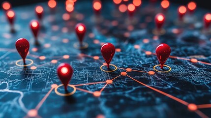 Global Network Map: Red location pins interconnected on a dark blue digital map, highlighting global connectivity, network infrastructure, and data flow.