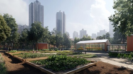 Obraz premium Urban Rooftop Garden With Modern Greenhouse Buildings