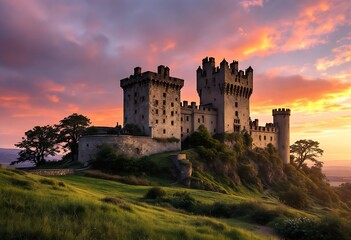 Majestic Medieval Castle on Hill at Sunset with Dramatic Sky