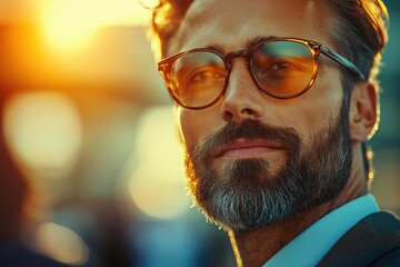 Attractive and confident businessman, impeccably dressed, radiating purposefulness and ambition, traveling by transport.