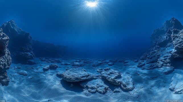 Sunlit ocean floor, rocks, sand, underwater, 360 panorama, VR background