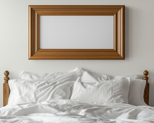 Focus on the simplicity of an empty wooden frame in a serene bedroom.