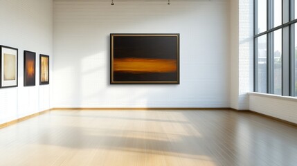 Modern art gallery showcasing a large abstract painting with warm tones and wooden flooring