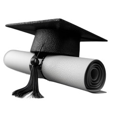 3D render of a classic black graduation cap and diploma isolated on transparent background cutout
