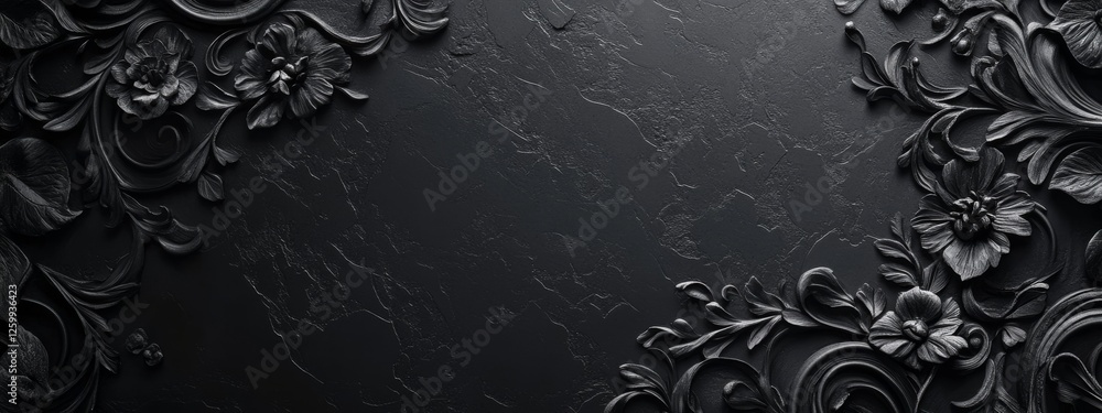 Poster elegant black background with delicate patterns for design, featuring white space in the center for 