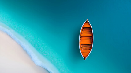 Aerial Beach Boat Vibrant Top-Down Shot of Orange Rowboat in Turquoise Ocean - Minimalist Summer Image of Coastal Vacation and Clear Water