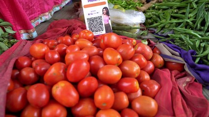 Fresh red tomatoes for sale, Vegetable vendor using UPI QR code for cashless payments - Powered by Adobe
