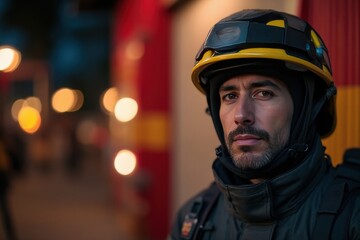 Fototapeta premium 40 years old Nicaraguan male firefighter looking at camera against blurred firestation background.