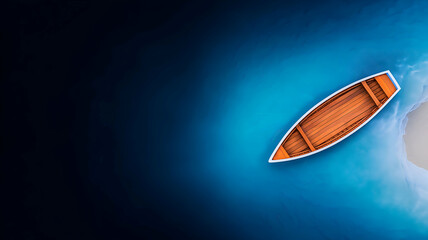 Deep Blue Sea Boat Aerial Top View of Orange Rowboat by White Sand Beach - Minimalist Coastal Design with Dark Blue Ocean