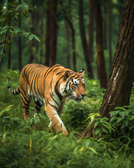 Fototapeta premium A majestic tiger prowling through a dense jungle, showcasing the beauty and strength of this magnificent predator.