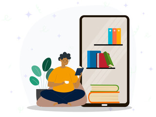 Book lovers concept. A man holding cup of coffee and reading book with online library book on big smartphone screen.