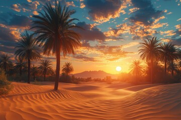 Oasis Sunset Palm trees, desert dunes, vibrant sky, mountains background, travel poster