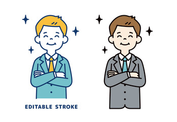 腕を組んで嬉しそうな顔の、若いビジネスマンのベクターイラスト素材＿線幅の編集可能