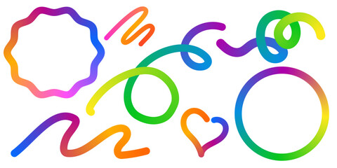 Abstract Color Rainbow Gradient Shapes Set. Vector Graphic with Wavy Lines in Bright Colors. Colorful Fluid Wave Pattern. Squiggly Design Elements.