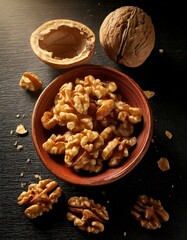 Fototapeta premium Walnut, dish, table, wooden, brown, healthy, food, snack, natural, texture, nut, surface, rustic, interior, decorative, organic, fresh, raw, vibrant, bowl, close-up, background, round, cracked, health