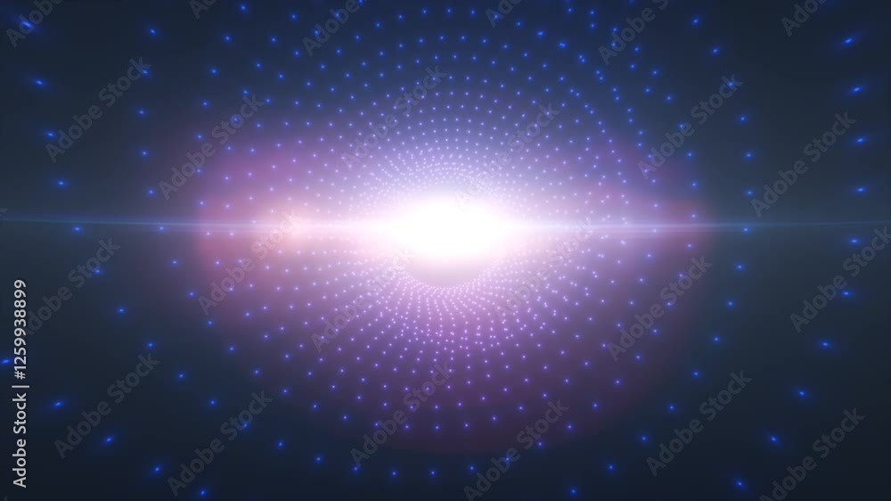 Poster purple and blue neon tunnel digital vortex with intricate wireframe patterns, symbolizing virtual re