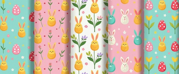 Vibrant Easter Fabric Wallpapers & Banners: Animated Bunnies, Flowers, Eggs in Blues, Pinks, Yellows. A set of four seamless patterns featuring cute rabbits and flowers.