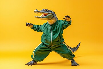 Fototapeta premium crocodile dances in a tracksuit. on an isolated color background. place for text. bright emotions. rhythmic movements