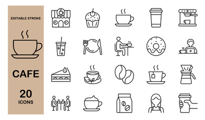 カフェに関するラインアイコンセット　コーヒーや紅茶、ケーキなど　編集可能　