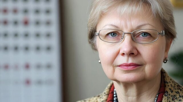 A confident senior woman with glasses sits in an office environment, looking directly at the camera. Her composed expression, elegant attire, and the eye chart in the background suggest a professional