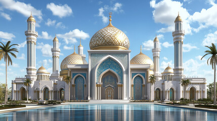 Fototapeta premium Majestic White and Gold Mosque with Reflecting Pool and Palm Trees