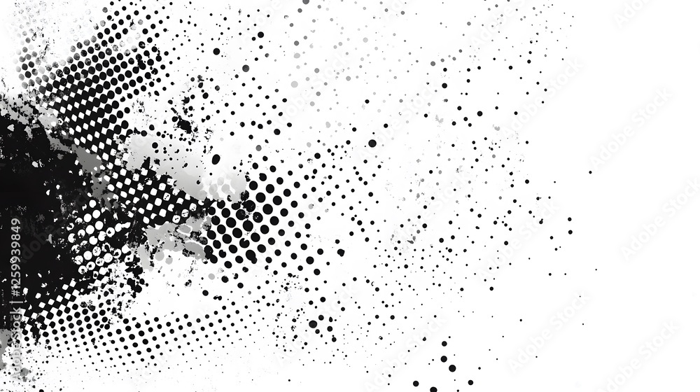 Poster abstract monochrome background displays black dots and splatter textures